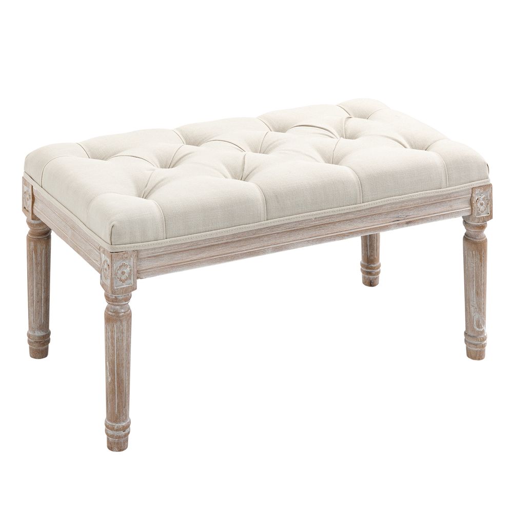 Tufted Accent Bench – Upholstered Foot Stool with Linen-Touch Fabric in Beige