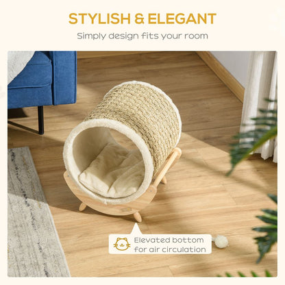 Beige Elevated Cat House Bed with Scratching Cushion, Ideal for Kittens and Cats