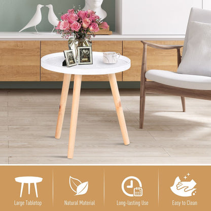White Floral Etched Pine Wood Side Table with Saucer Top for Chic Decor