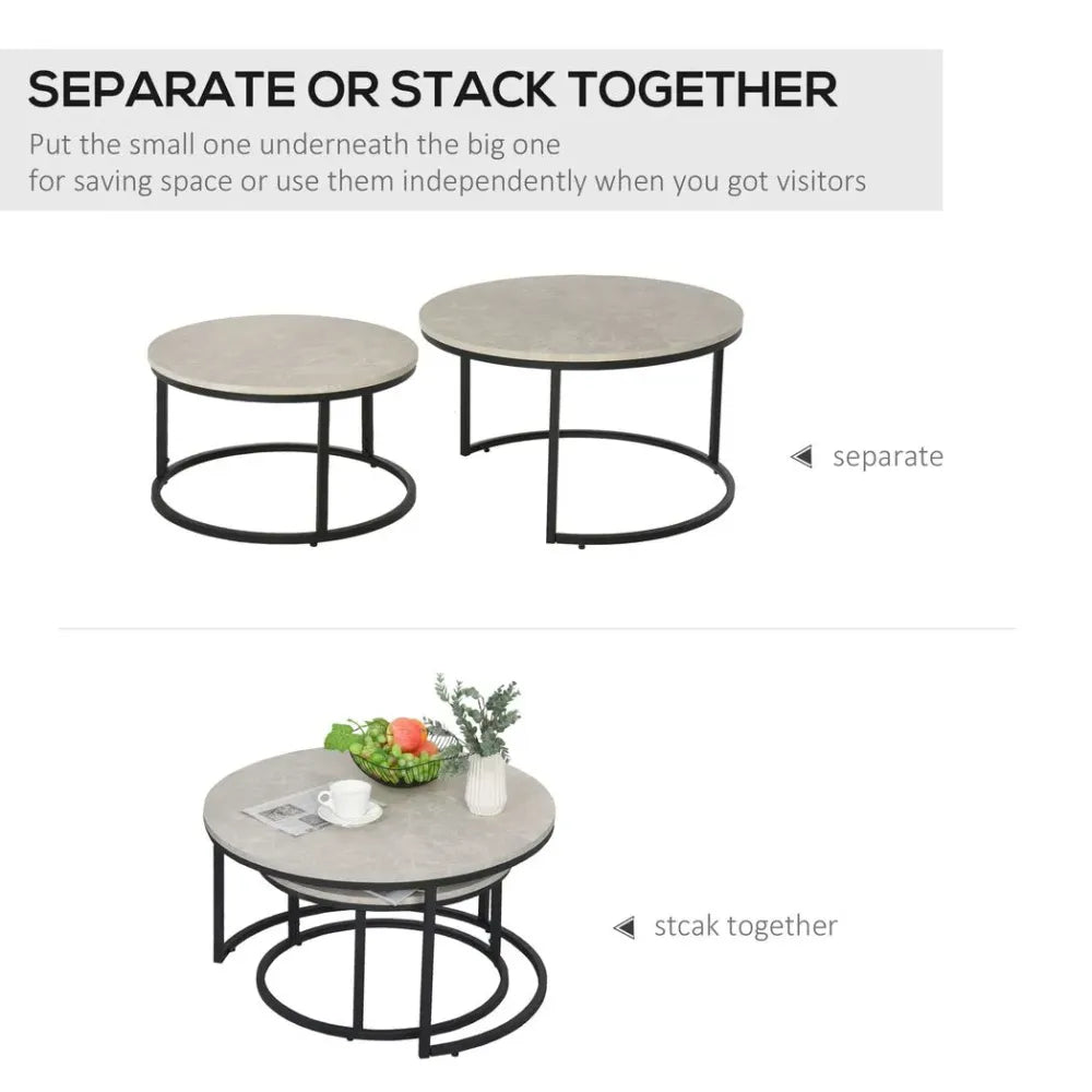 Set of 2 Stacking Coffee Tables with Steel Frame and Marble-Effect Top for Home Aesthetics