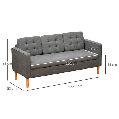 3-Seater Button-Tufted Fabric Sofa - Hidden Storage, Rubberwood Legs