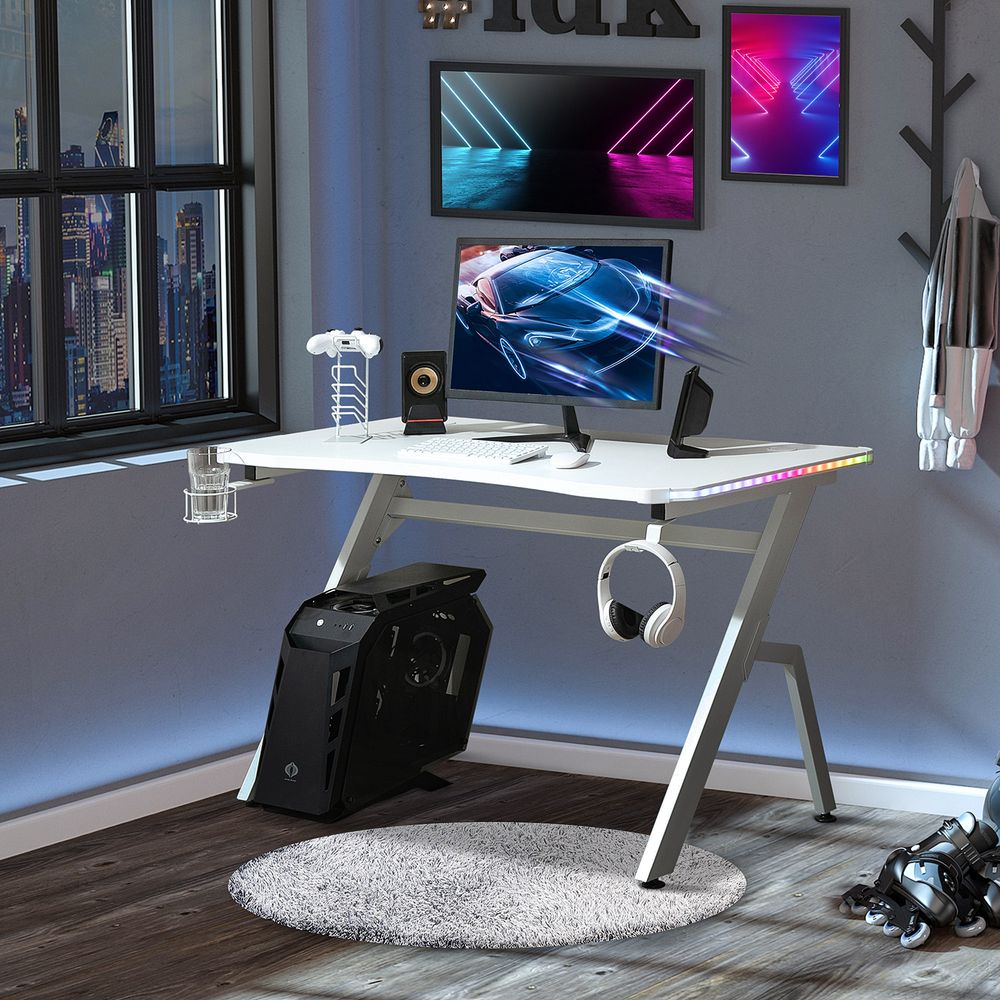 White Racing Style Gaming Desk with RGB LED Lights and Hook for Convenience