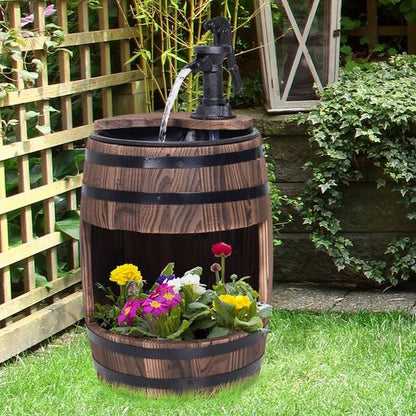 Rustic Wood Barrel Fountain: Stylish Garden Pump & Flower Planter Stand