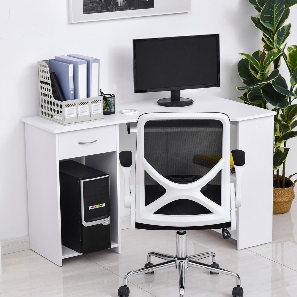 White L-Shaped Corner Computer Desk with 2 Shelves and Keyboard Tray for Storage