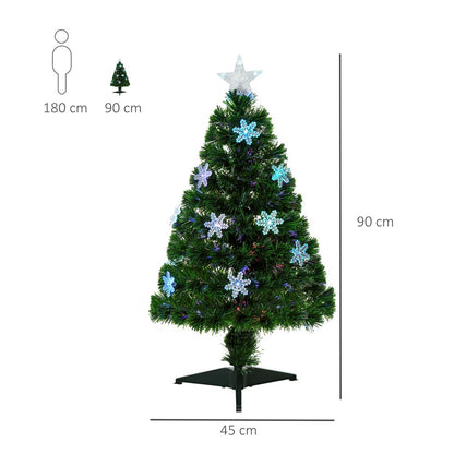 3FT Green Fibre Optic Artificial Christmas Tree with LED Snowflakes - Fireproof Design