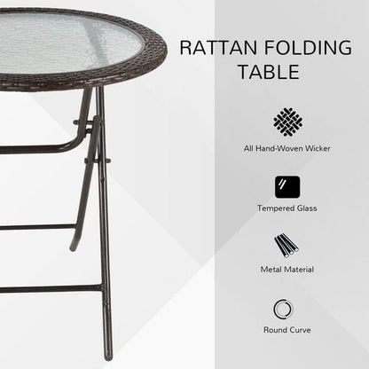 Folding Round Tempered Glass Metal Table with Brown Rattan Edging