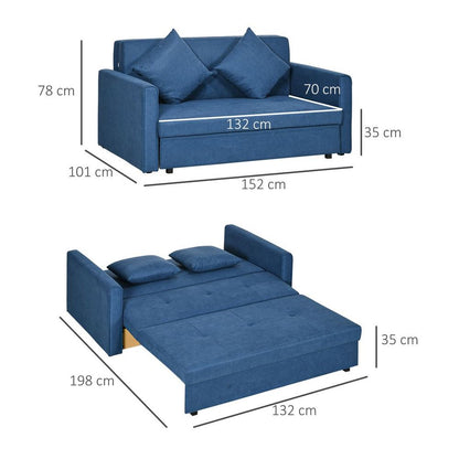 Blue 2-Seater Sofa Bed with Storage and 2 Cushions for Versatile Living Room Use