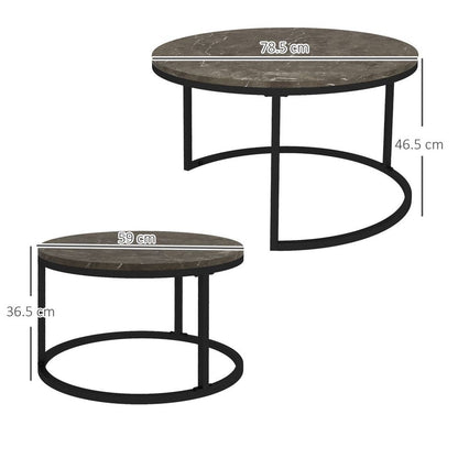 2-Piece Stacking Coffee Table Set – Steel Frame with Marble-Effect Top – Foot Pads