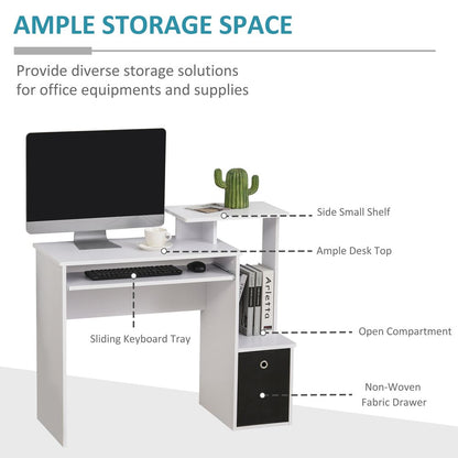 White Computer Desk with Sliding Keyboard Tray and Storage Drawer Shelf for Organised Workspaces