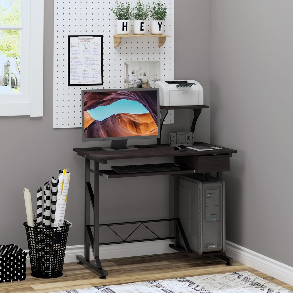 Quality Dark Brown Wood Computer Desk with Shelf Tray for Office Efficiency