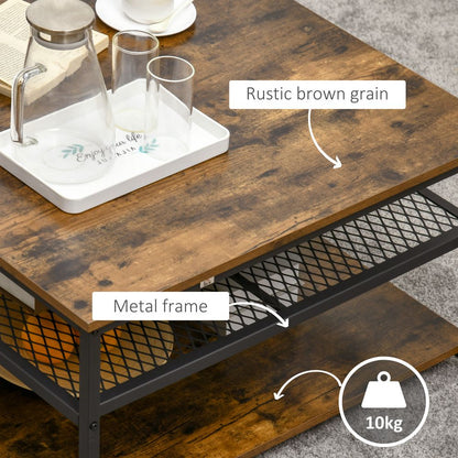 Rustic Brown Industrial Coffee Table with Storage Shelves and Cocktail Design