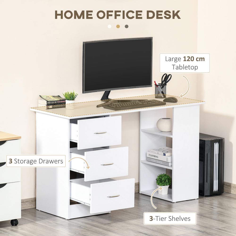 120cm White Computer Desk Workstation with 3 Shelves and Drawers for Organised Home Office Use