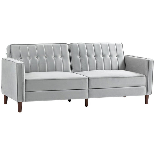 Convertible Futon Sofa Bed – Velvet-Touch Tufted Couch with Split Back – Grey