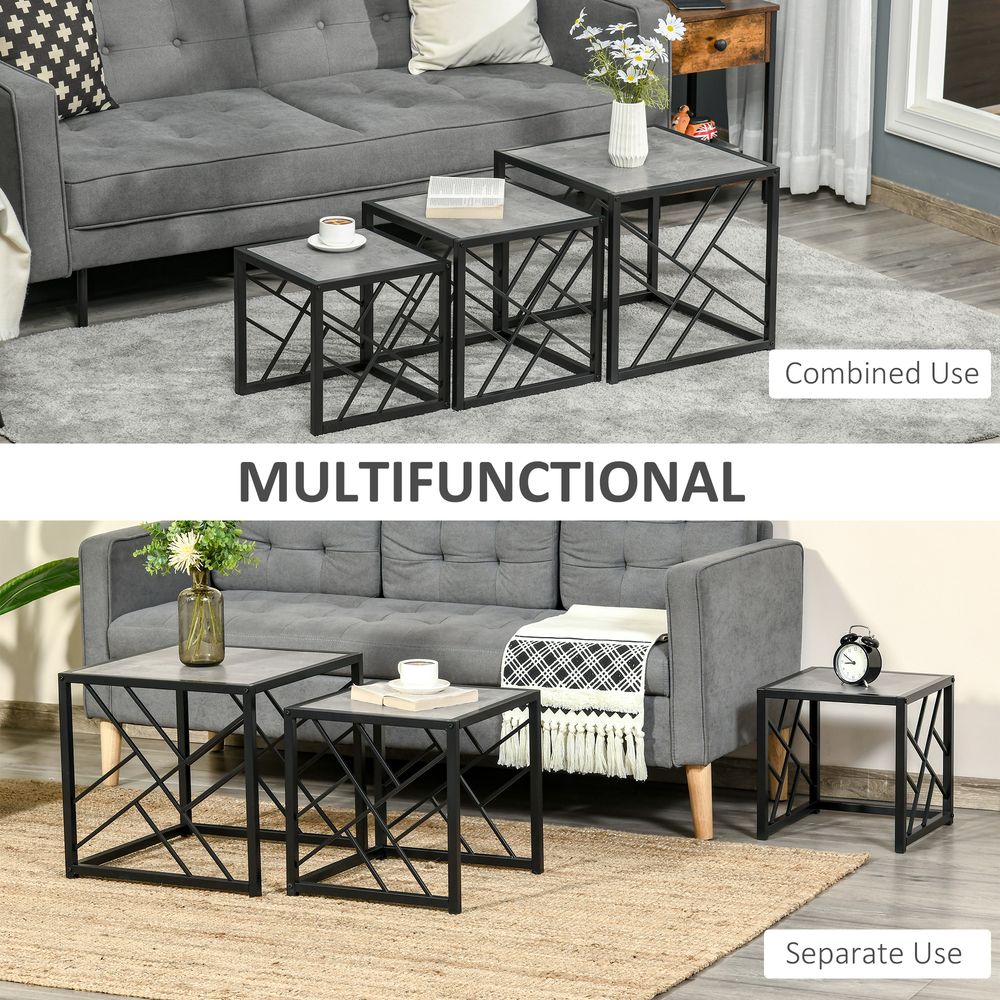 Set of 3 Nesting Coffee Tables with Square Design and Metal Frame, Grey