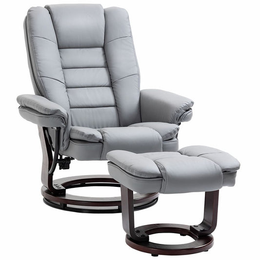 Grey PU Lounge Chair Set with Manual Recliner and Footrest on Sturdy Wooden Base