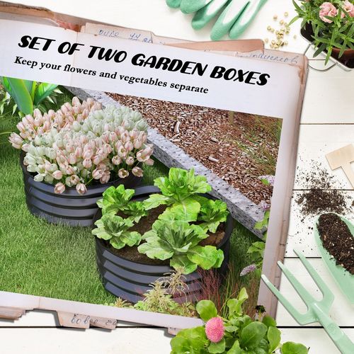 Set of 2 Durable Metal Planter Boxes with Safety Edging, Grey