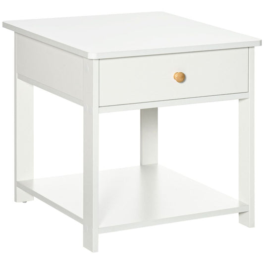 White Bedroom Bedside Table, Sofa Side Table with Drawer and Shelf for Practical Storage