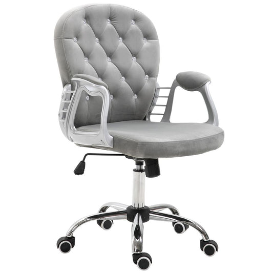 Grey Luxury Velour Office Chair with Diamond Tufted Design and 360° Ergonomic Swivel