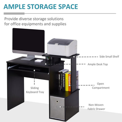 Black Computer Desk with Sliding Keyboard Tray and Storage Drawer Shelf for Functional Use