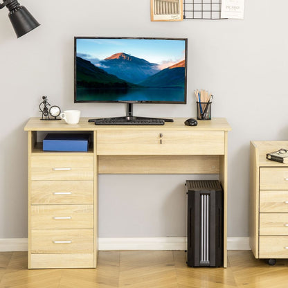 Oak Writing Desk with Five Drawers, Ideal for Organising Home Office Essentials