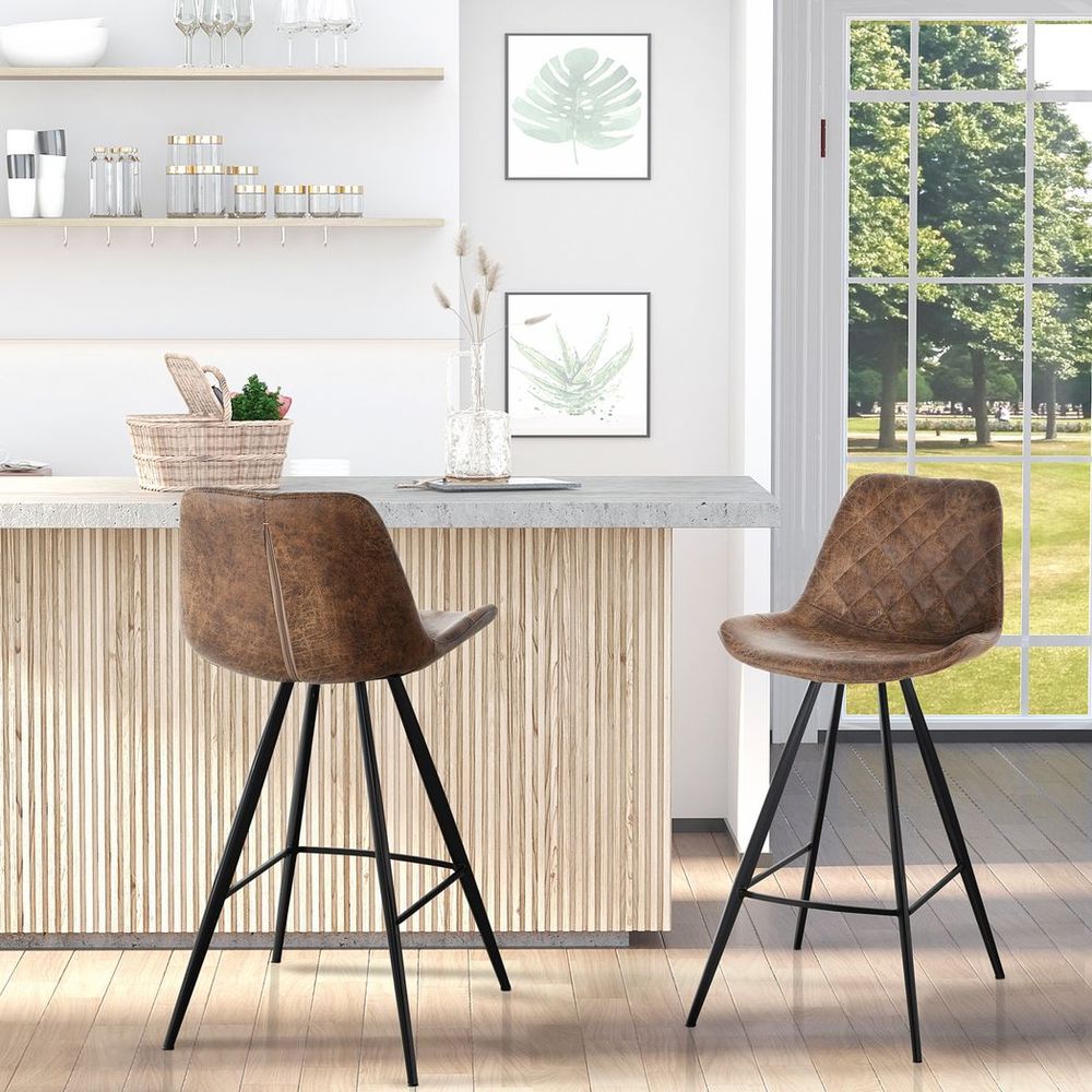 Set of 2 Brown Microfibre Bar Stools with Tub Seats and Padded Steel Frames