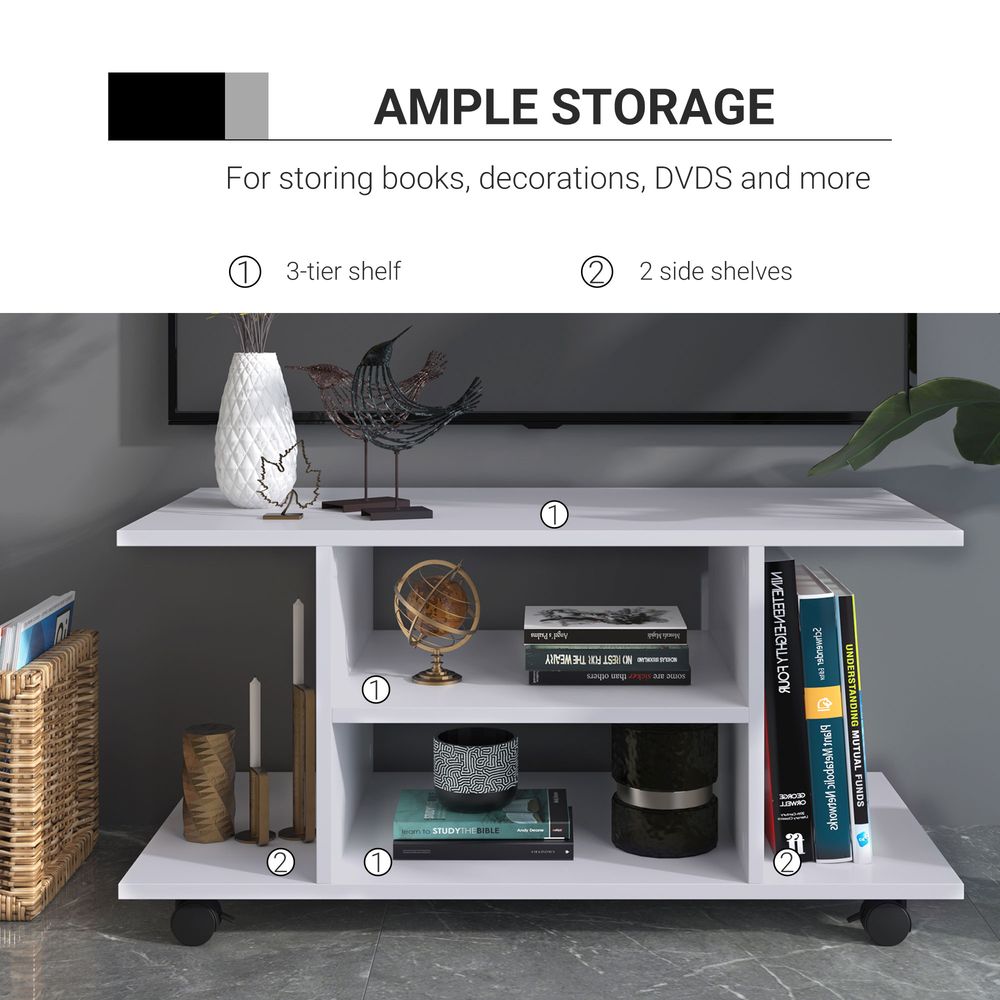 Modern White TV Stand Bookshelf Cabinet with 3 Tiers and Wheels