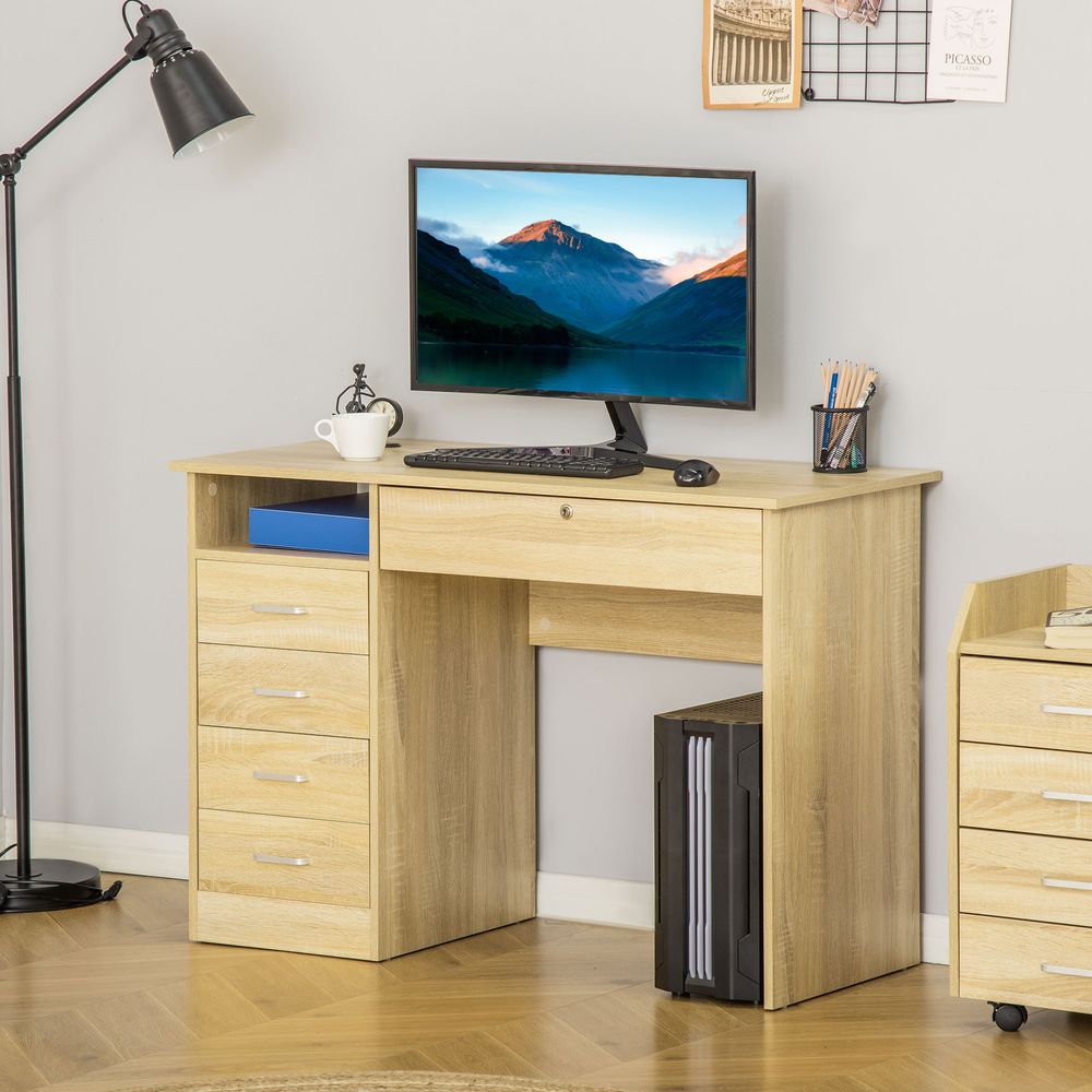 Oak Writing Desk with Five Drawers, Ideal for Organising Home Office Essentials