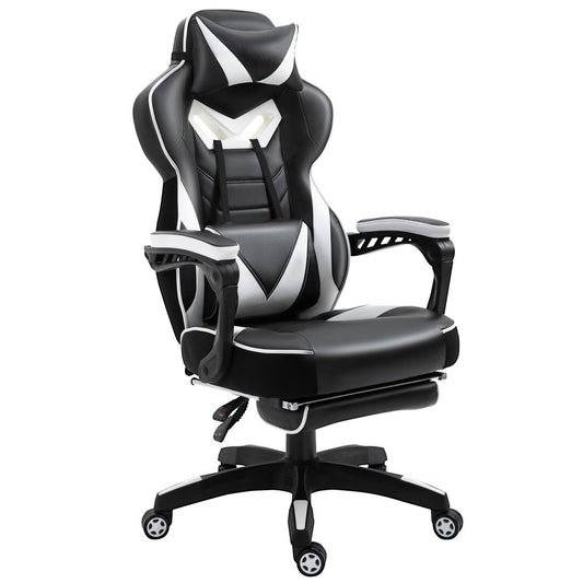 Ergonomic White Gaming Chair with Manual Footrest and Wheels for Stylish Offices