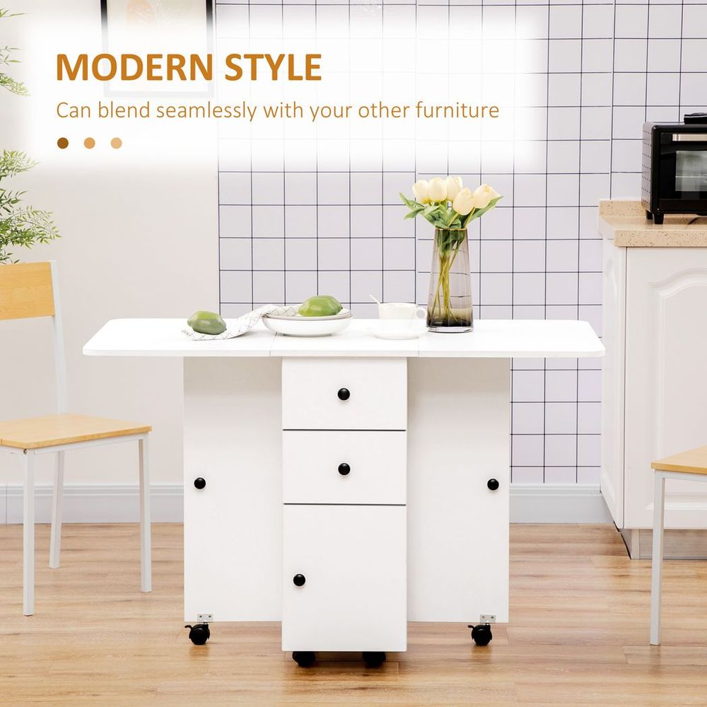 White Drop Leaf Dining Table with Storage Drawers, Perfect for Small Dining Areas