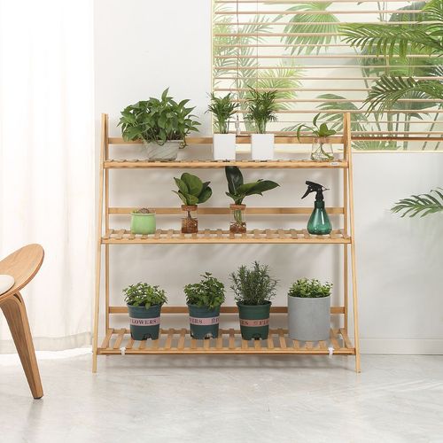 Folding Bamboo 3-Tier Plant Stand - Versatile Rack for Indoor & Outdoor Use