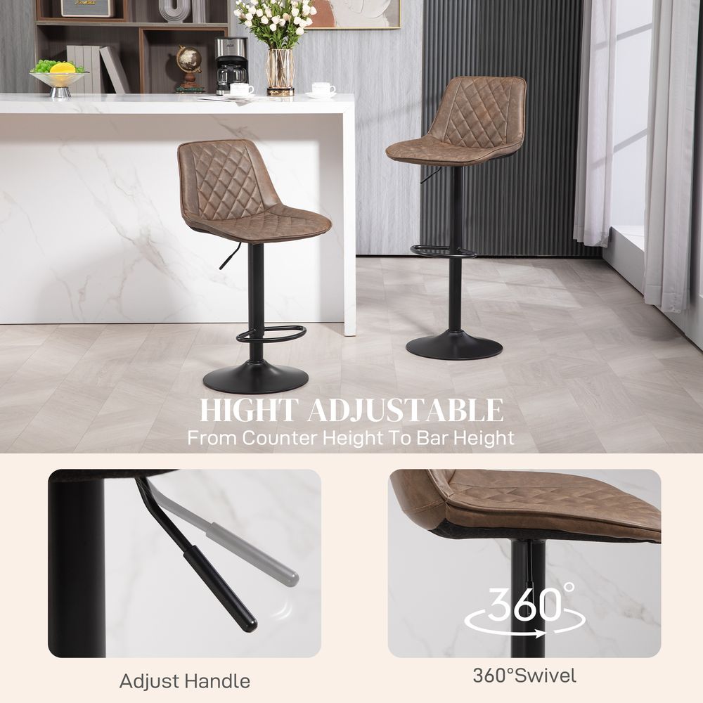 Set of 2 Adjustable Bar Stools with 360° Swivel for Kitchen in Brown