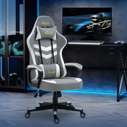 Grey and White Gaming Chair with Lumbar Support and Headrest for Extra Comfort