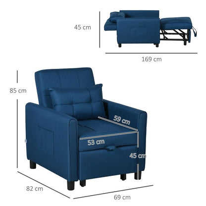 Blue Pull-Out Sleeper Chair Bed with Pillow and Convenient Side Pockets