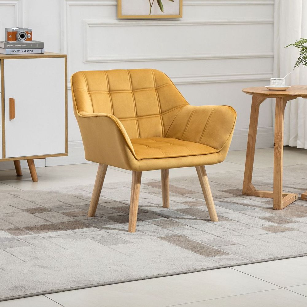 Luxe Velvet-Feel Accent Chair - Wide Arms, Slanted Back Padding, Wood Legs, Yellow