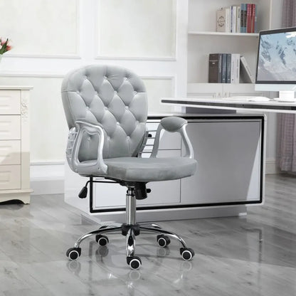 Grey Luxury Velour Office Chair with Diamond Tufted Design and 360° Ergonomic Swivel