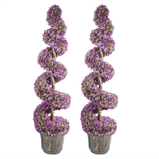 Pair of 120cm Purple Large Leaf Spiral Topiary Trees with Decorative Planters for Vibrant Outdoor Spaces