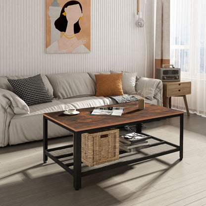 2-Tier Coffee Table: 106x60x45 cm with Wood Grain & Black Frame