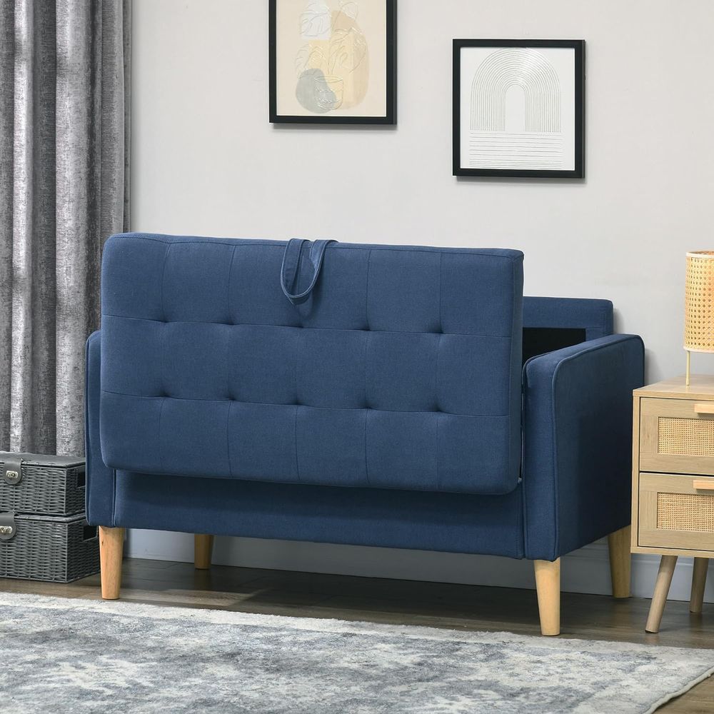 Compact Blue Loveseat Sofa: 2-Seater with Storage & Wooden Legs