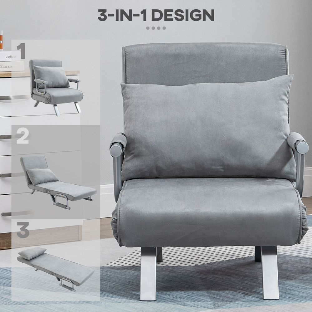 Foldable Portable Sofa Bed Armchair with Pillow, Light Grey Lounge Sleeper