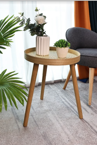 Cane Oak Round Side Table, Classic and Elegant