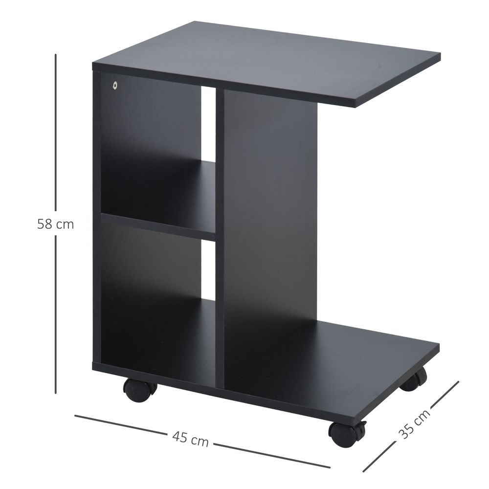 C-Shape End Table – Storage Unit with 2 Shelves and 4 Wheels – Black