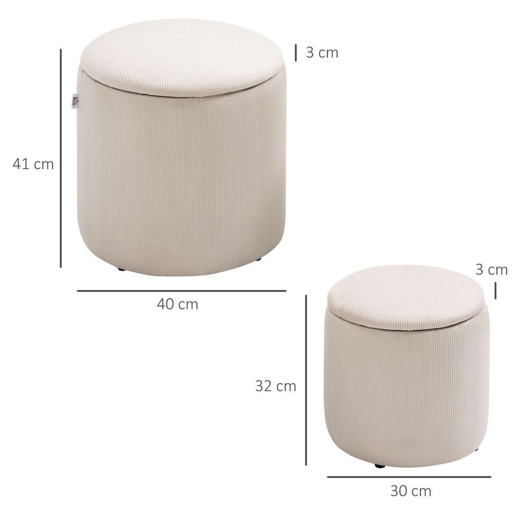 Set of 2 Modern Fabric Storage Ottomans with Removable Lid and Cream White Finish