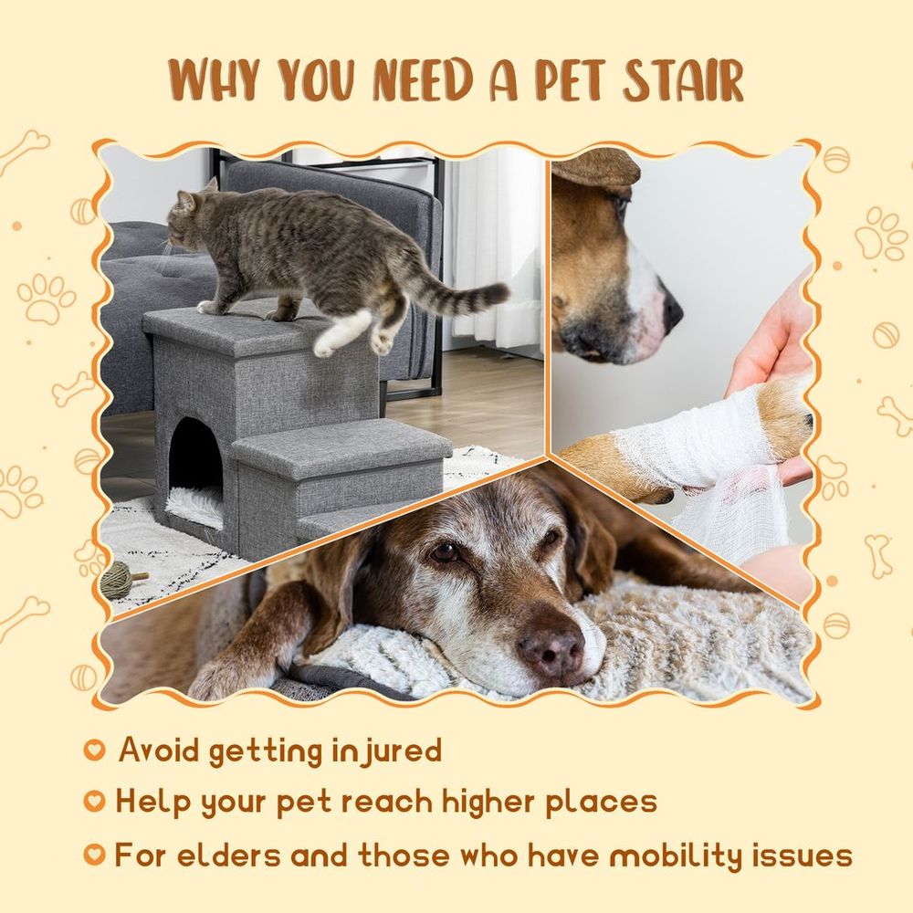 3-Step Grey Dog Steps for Bed with Cat House Storage Boxes for Sofa