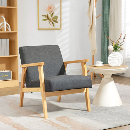 Dark Grey Upholstered Armchair with Rubber Wood Legs, Perfect Accent for Living Room