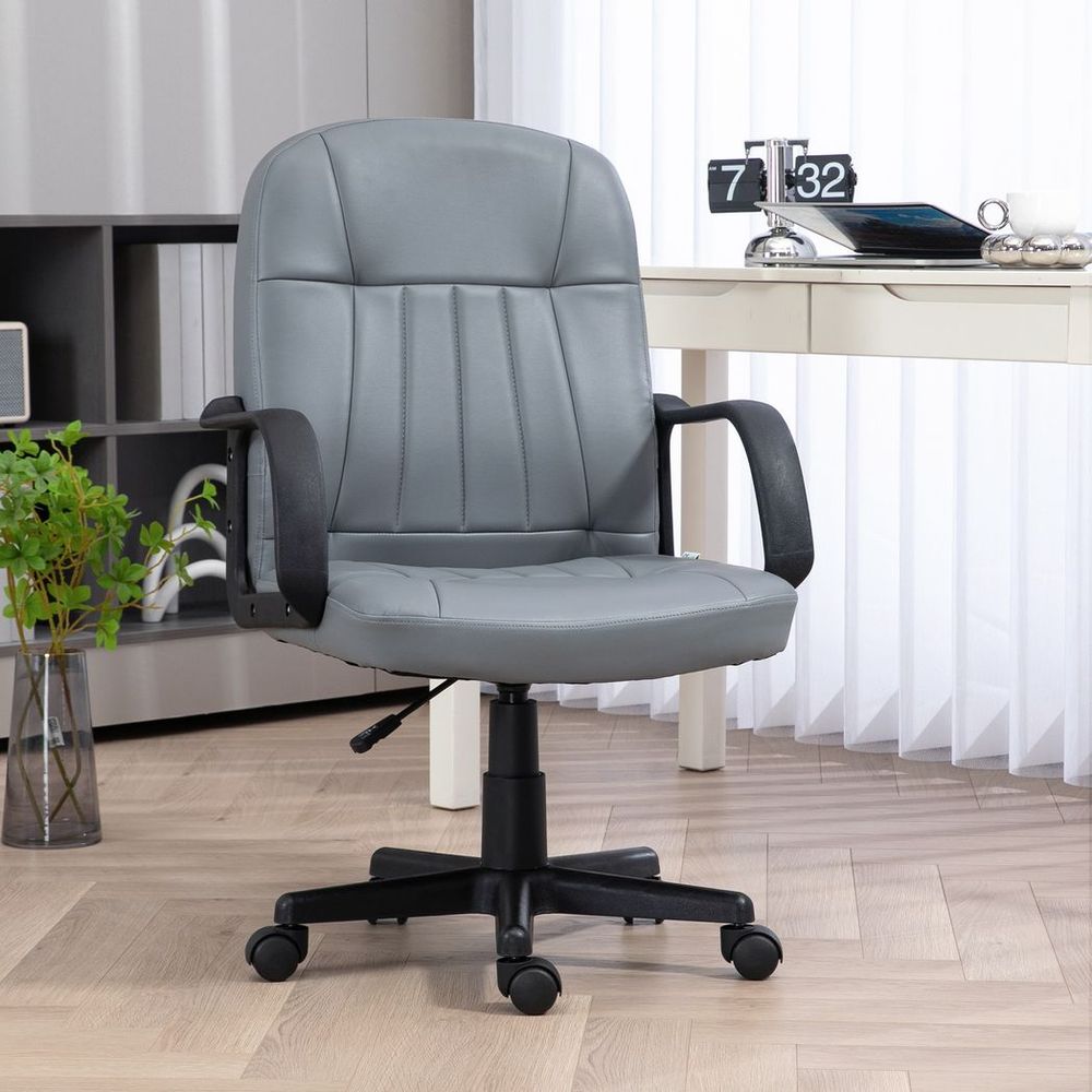 Grey PU Leather Swivel Office Chair with Mid-Back Design for Home Computer Desk