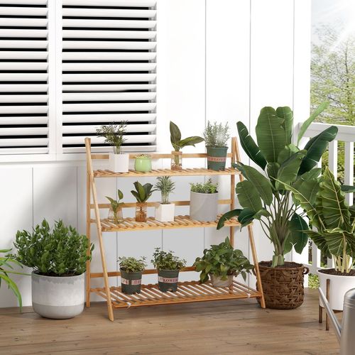 Folding Bamboo 3-Tier Plant Stand - Versatile Rack for Indoor & Outdoor Use