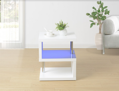 3-Layer White Coffee Table with Blue LED Light, Modern Illumination