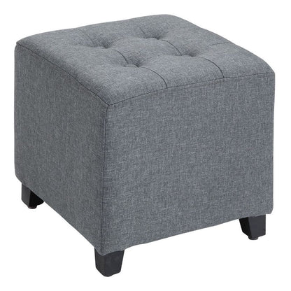 Linen-Look Square Ottoman – Button Tufts Footstool with Wood Frame – Grey