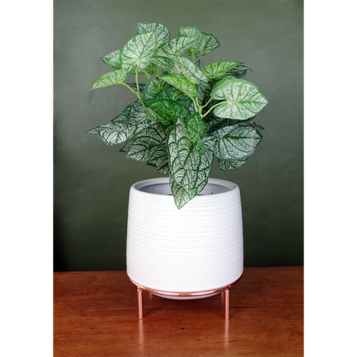 White Ceramic Planter Metal Stand Plant Pot