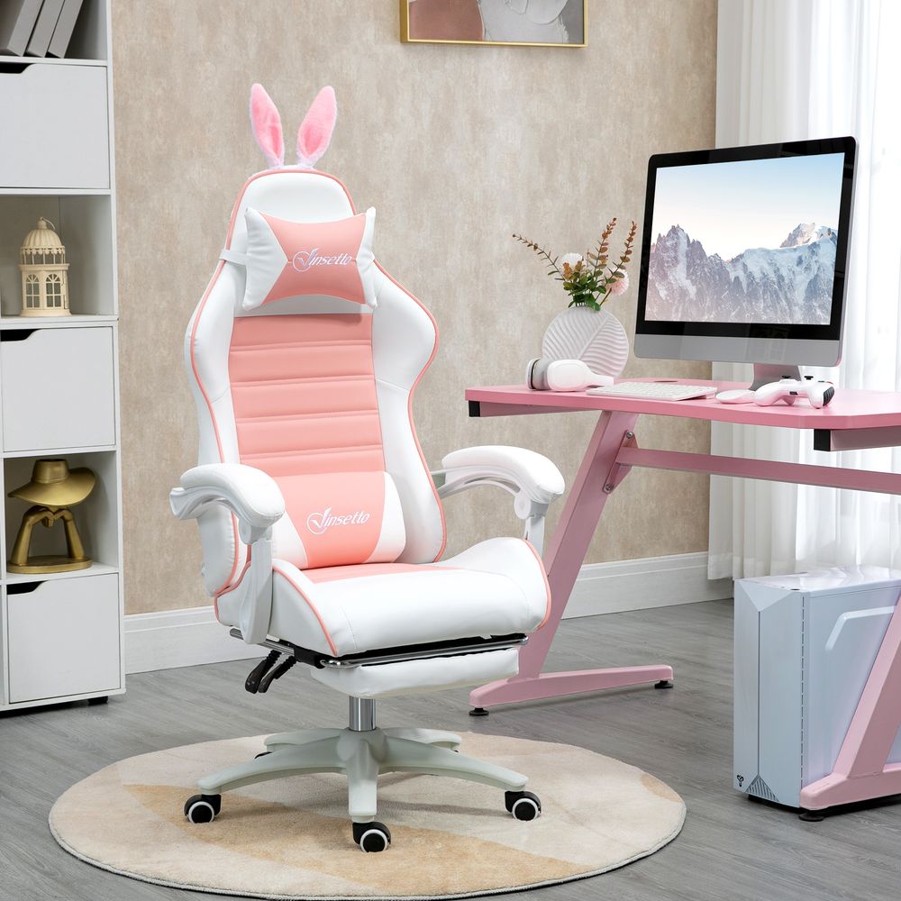 Pink Racing Style Gaming Chair with Footrest and Removable Rabbit Ears for Fun